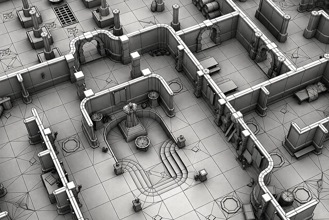 Greybox level blockout, wireframe over untextured geometry